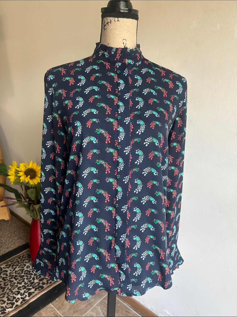 LOFT Peacock Button Down Navy Blue Blouse Size XS